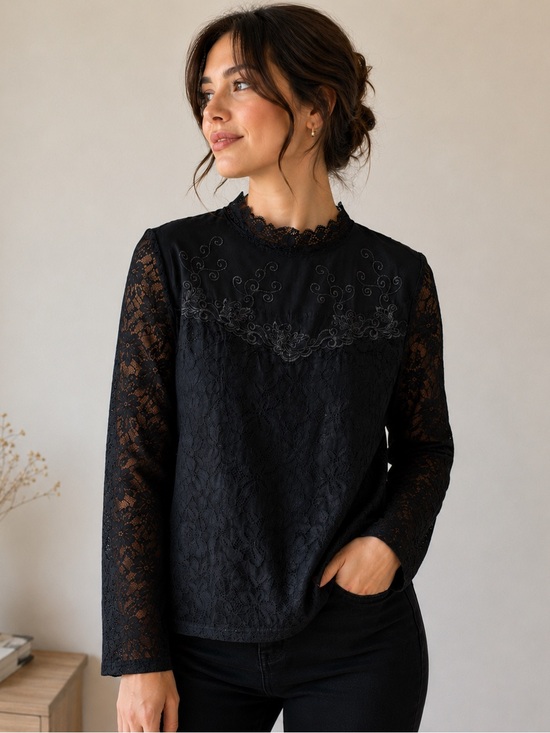 Tops - Victorian Style High Neck Black Lace Long Sleeve Blouse Size Small - witchcore